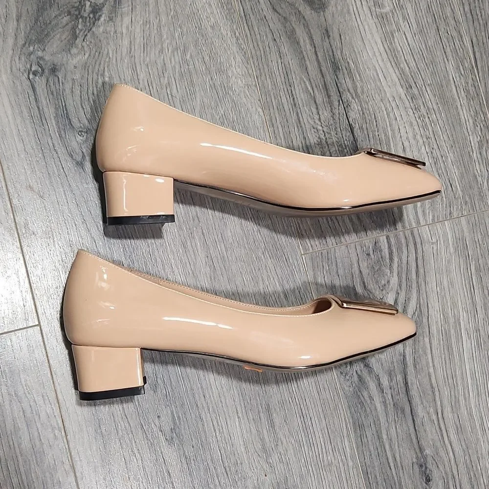NWOT Patent Nude Gold Buckle Chunky Heels